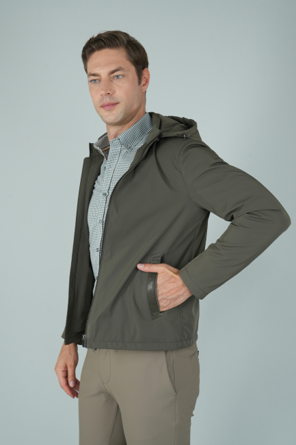 Deri Detaylı Regular Fit Erkek Haki Mont - 5