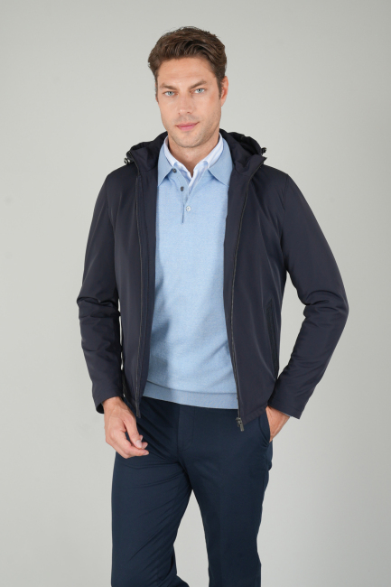 Deri Detaylı Regular Fit Erkek Lacivert Mont