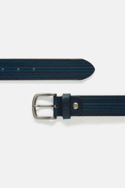 Desenli Baskılı Deri Lacivert Erkek Kemer