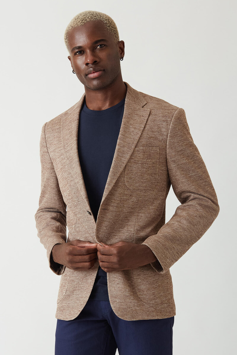 Erkek 2 Düğme Çift Yırtmaç Mono Yaka Ceket Bej - 1