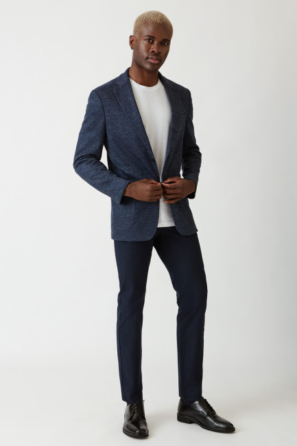 Erkek 2 Düğme Çift Yırtmaç Mono Yaka Ceket Lacivert - 5