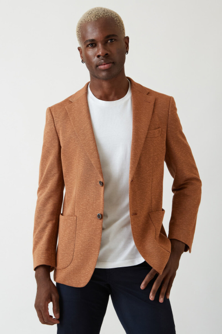 Erkek 2 Düğme Çift Yırtmaçlı Mono Yaka Ceket Kıremıt