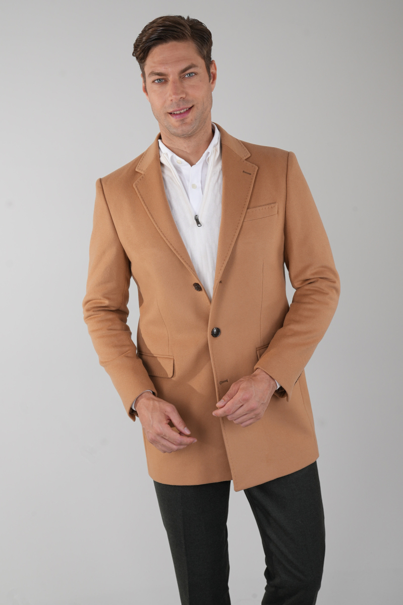 Erkek 3 Düğme Tek Yırtmaçlı Tam Astarlı Palto Camel