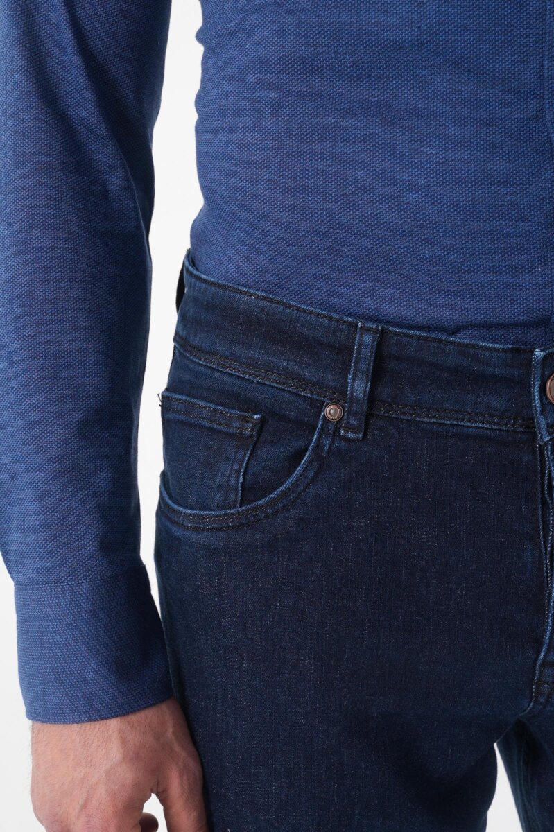 Erkek 5 Cepli Yıkamalı Jean Denim Pantolon Koyu Lacivert - 5