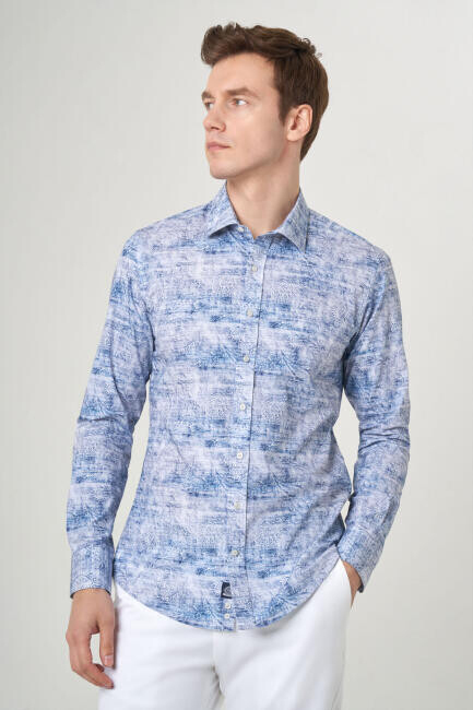 Erkek Açık Mavi Slim Fit Klasik Yaka Uzun Kollu Spor Gömlek - 4