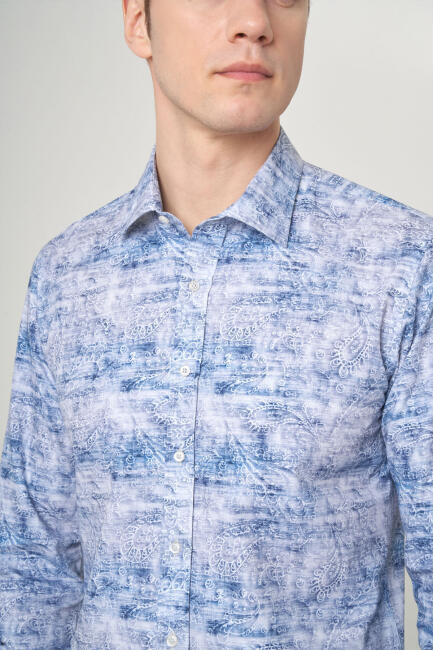 Erkek Açık Mavi Slim Fit Klasik Yaka Uzun Kollu Spor Gömlek - 3