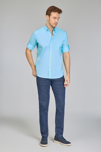 Erkek Açık Turkuaz Regular Fit Paşa Yaka Gömlek - 4