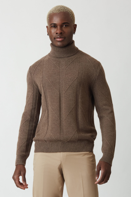 Erkek Balıkçı Yaka Jakar Triko Vizon - 1