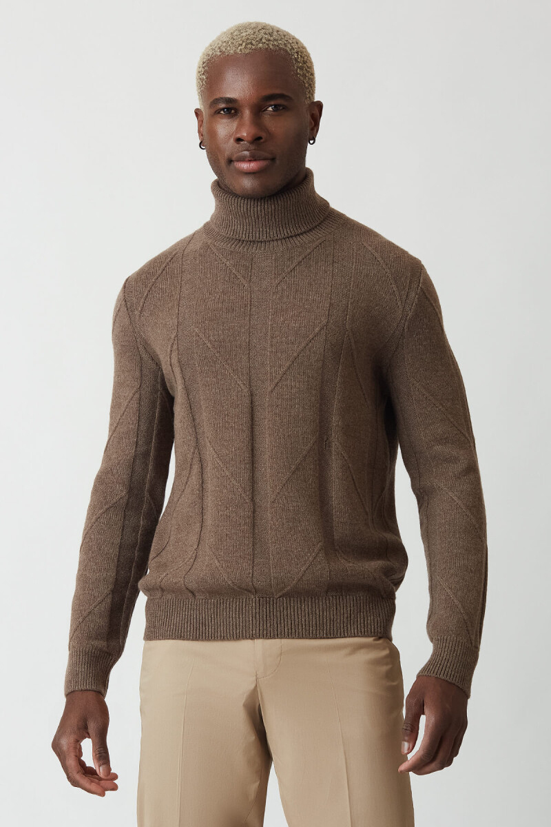 Erkek Balıkçı Yaka Jakar Triko Vizon