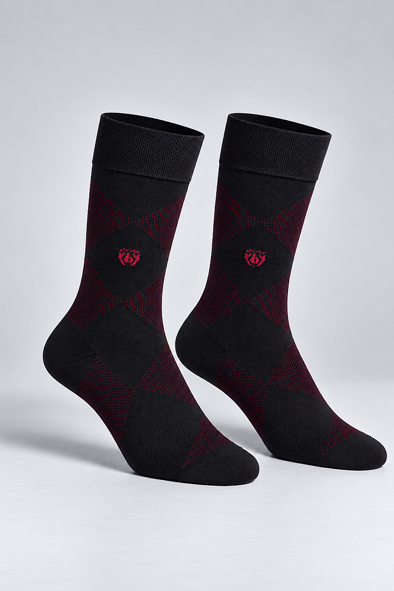 Siyah Polyester Desenli Bambu Bordo Soket Çorap - 1