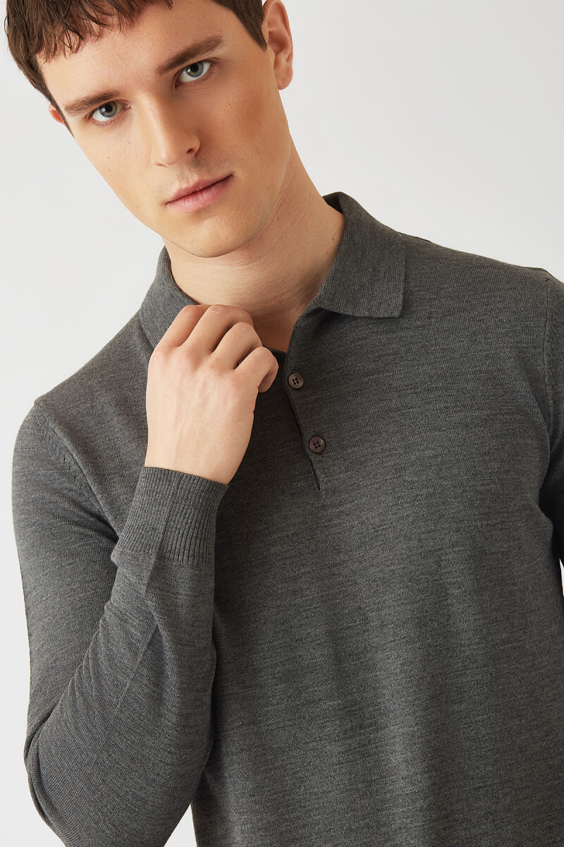 Erkek Basic Polo Yaka Akrilik Yün Triko Gri - 3