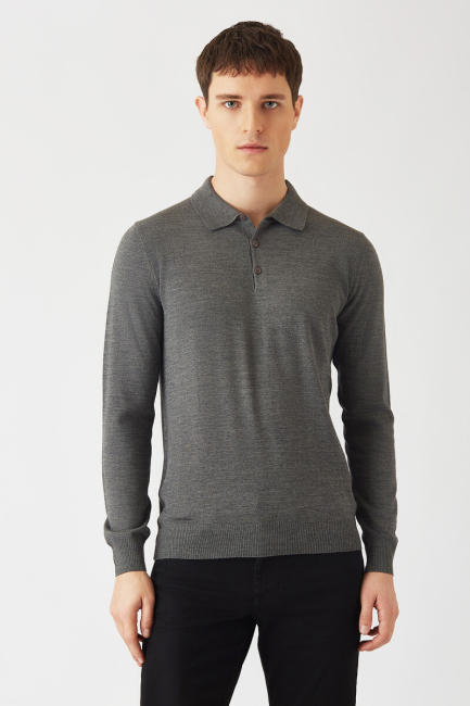 Erkek Basic Polo Yaka Akrilik Yün Triko Gri