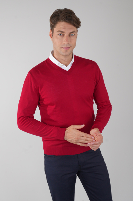 Erkek Basic V Yaka Triko Kırmızı 