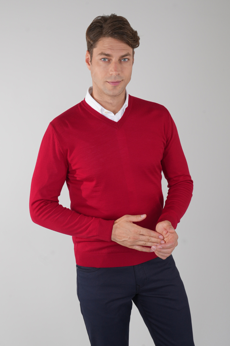 Erkek Basic V Yaka Triko Kırmızı - 1