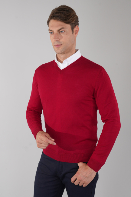 Erkek Basic V Yaka Triko Kırmızı - 4