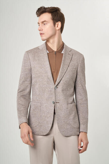 Erkek Bej 2 Düğmeli Çift Yırtmaçlı Mono Yaka Ceket - 3