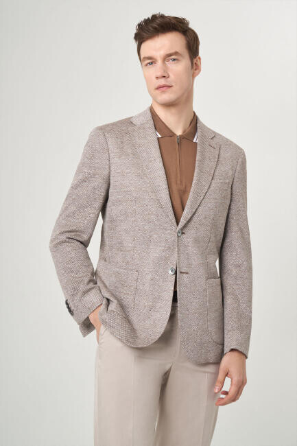 Erkek Bej 2 Düğmeli Çift Yırtmaçlı Mono Yaka Ceket - 4