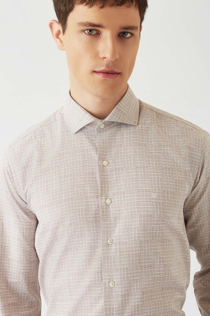 Erkek Bej Pamuk Regular Fit Klasik Gömlek - 3