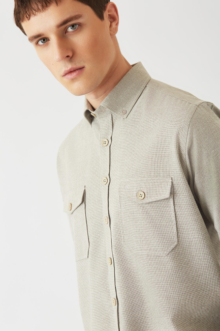 Erkek Bej Regular Fit Flanel Günlük Erkek Gömlek - 3