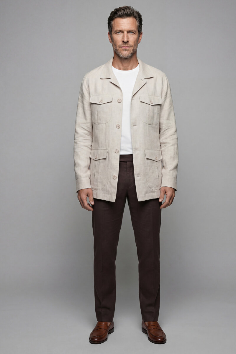 Erkek Bej Safari Keten Ceket - 5