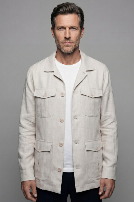 Erkek Bej Safari Keten Ceket Bej