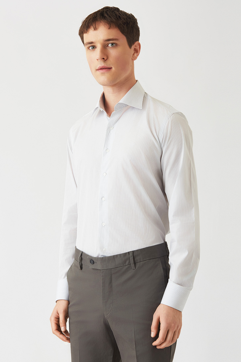 Erkek Beyaz Çizgili Pamuk Regular Fit Uzun Kol Klasik Gömlek - 1