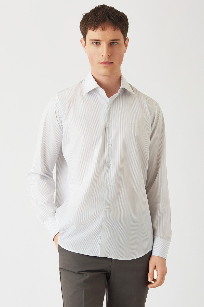 Erkek Beyaz Çizgili Pamuk Regular Fit Uzun Kol Klasik Gömlek - 4