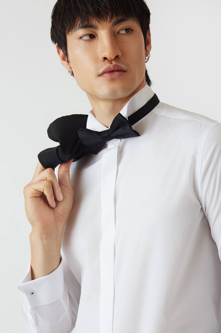 Erkek Beyaz Pamuk Slim Fit Ata Yaka Smokin Gömlek - 3