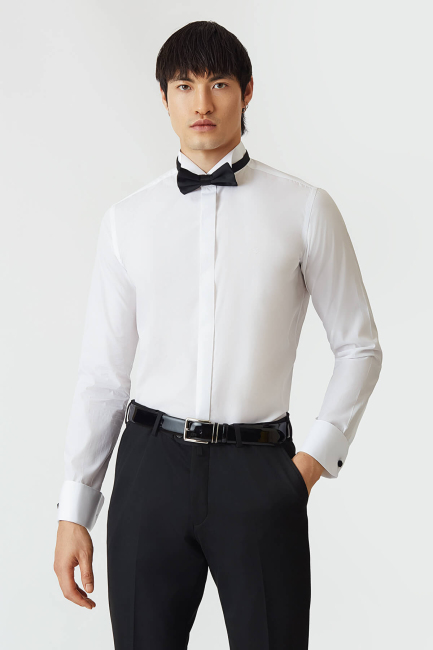 Erkek Beyaz Pamuk Slim Fit Ata Yaka Smokin Gömlek - 1