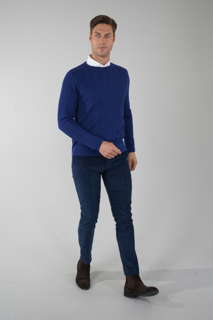 Erkek Bisiklet Yaka Yün Jakar Triko İndigo - 5