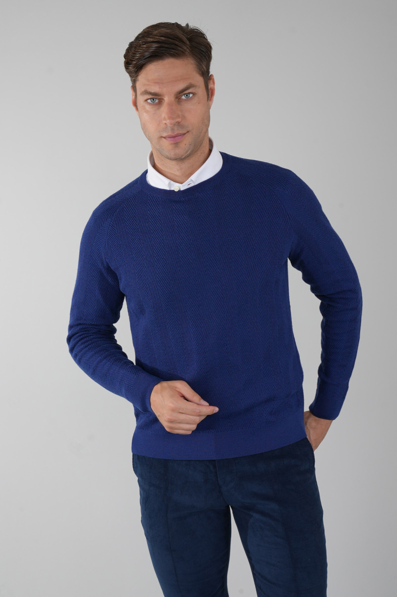 Erkek Bisiklet Yaka Yün Jakar Triko İndigo - 1