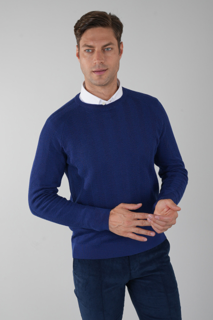 Erkek Bisiklet Yaka Yün Jakar Triko İndigo - 3