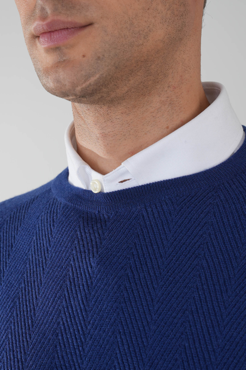 Erkek Bisiklet Yaka Yün Jakar Triko İndigo - 4