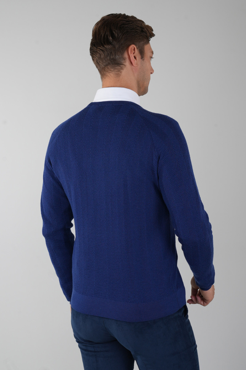 Erkek Bisiklet Yaka Yün Jakar Triko İndigo - 2