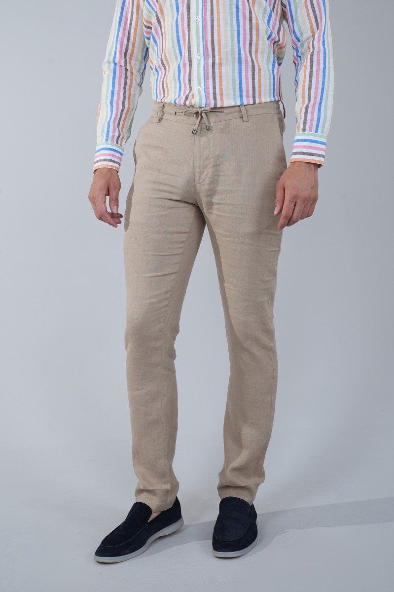 Erkek Camel Lastikli Bağcıklı Spor Keten Pantolon