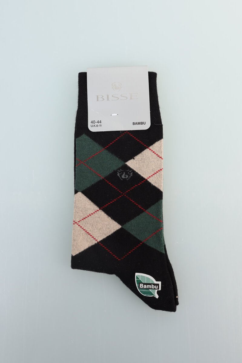 Erkek Desenli Bambu Uzun Soket Çorap Siyah-Yeşil-Krem - 1