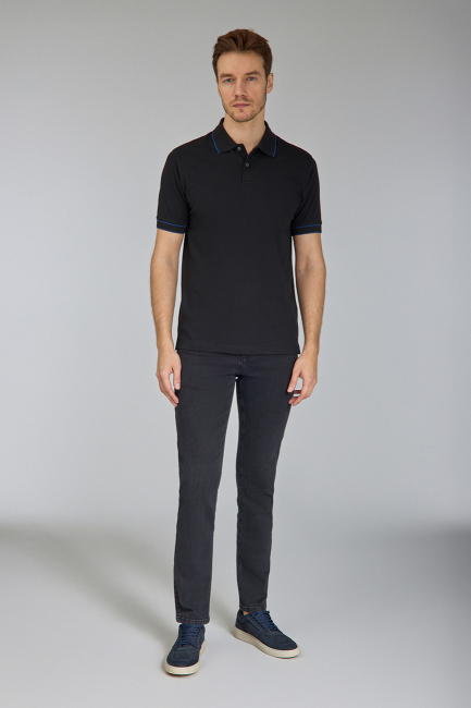 Erkek Düğmeli Polo Yaka Siyah Tshirt - 2