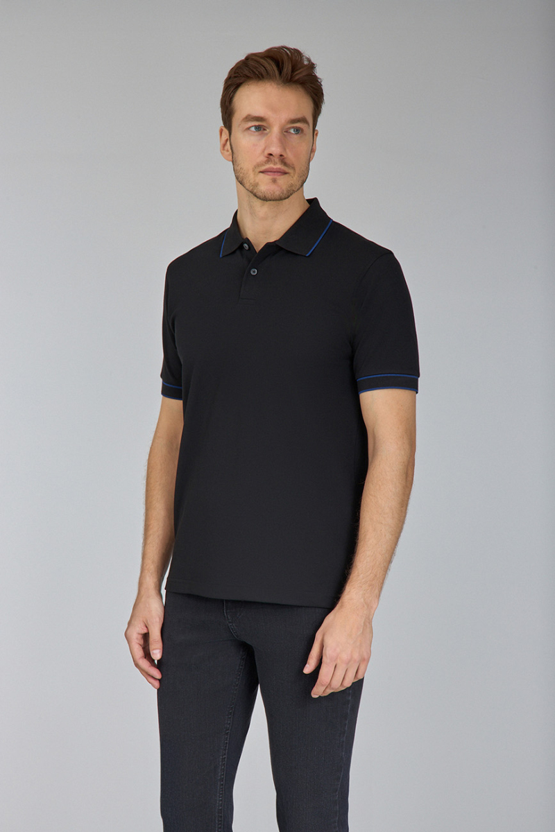 Erkek Düğmeli Polo Yaka Siyah Tshirt - 1