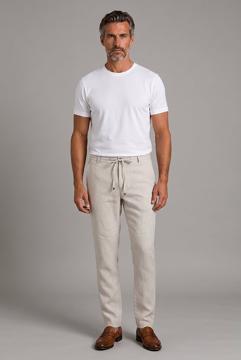 Ekru Keten Bağcıklı Lastikli Spor Pantolon - 1