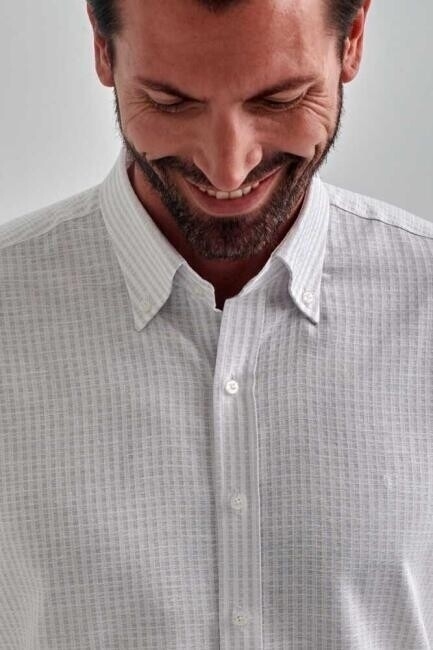 Erkek Gri Keten Pamuk Spor Uzun Kollu Gömlek - 3