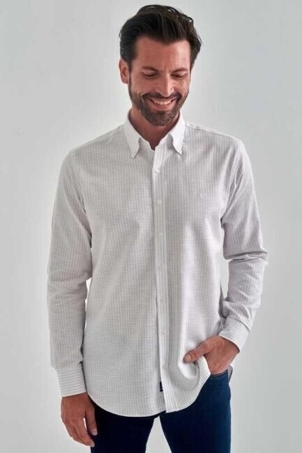 Erkek Gri Keten Pamuk Spor Uzun Kollu Gömlek - 1