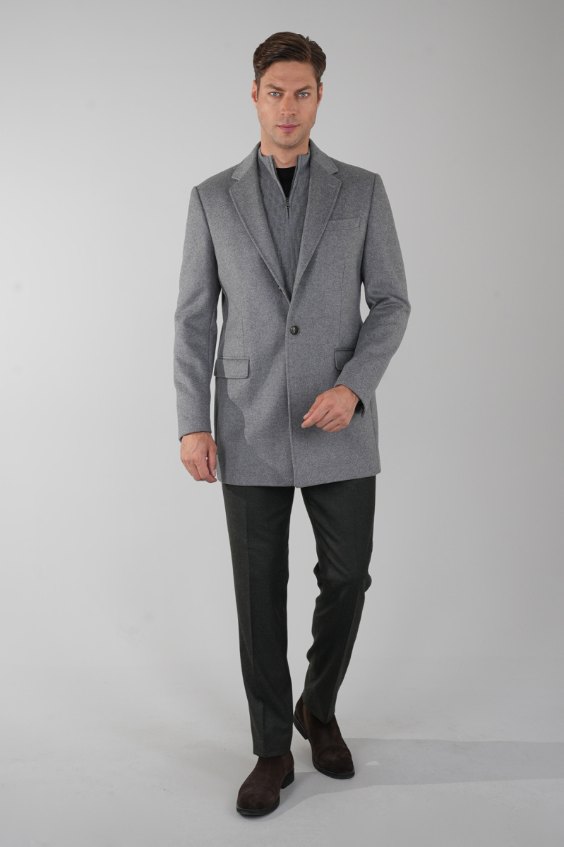 Erkek Gri Yün Kaşmir Palto - 1