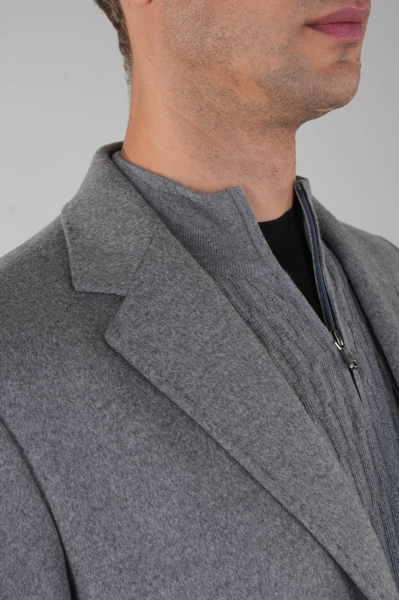 Erkek Gri Yün Kaşmir Palto - 4