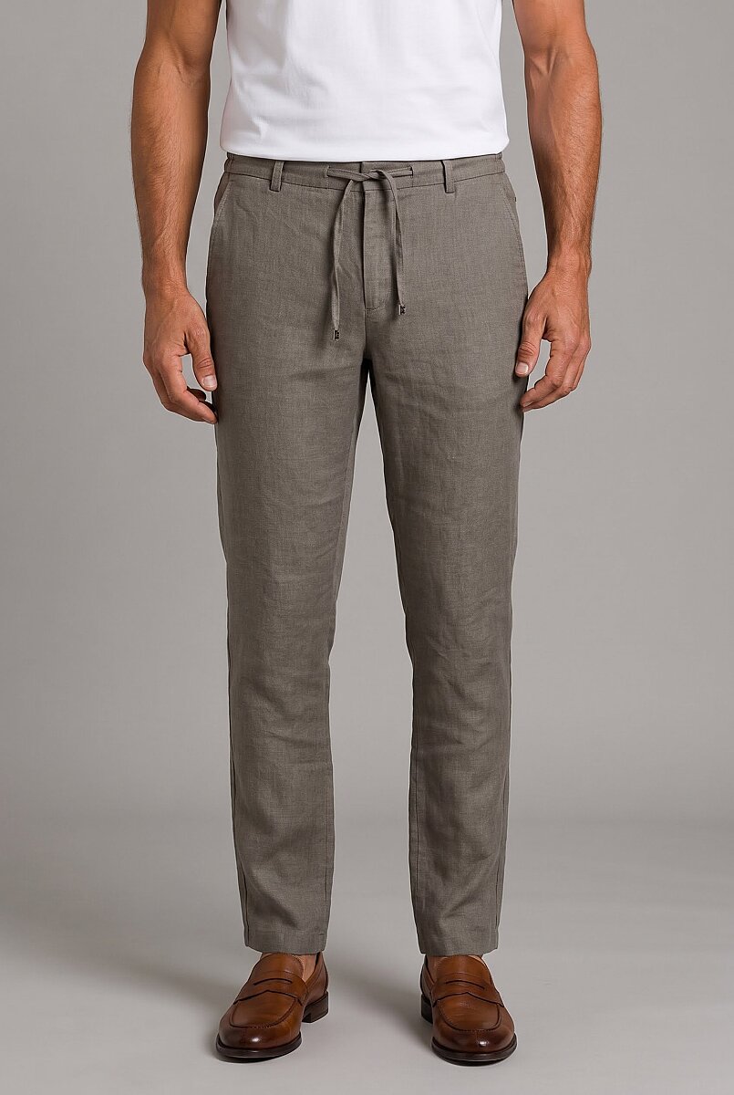 Haki Keten Bağcıklı Lastikli Spor Pantolon - 1