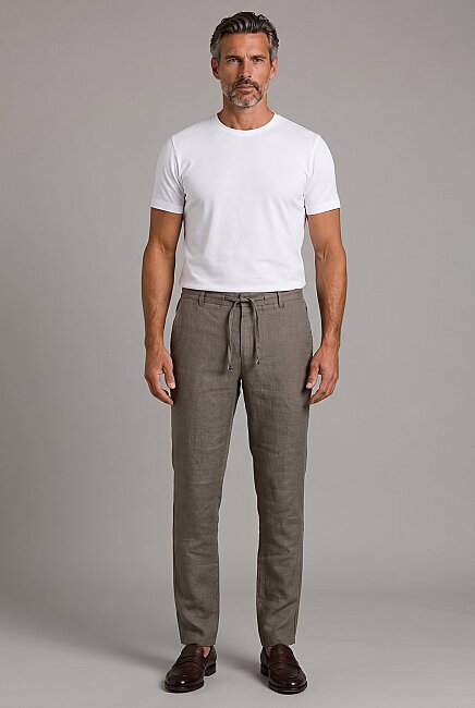 Haki Keten Bağcıklı Lastikli Spor Pantolon - 5