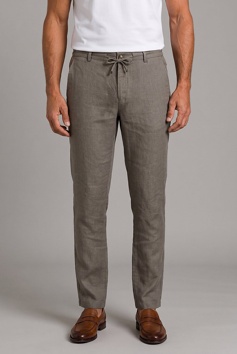 Haki Linen Bağcikli Lastikli Spor Trousers