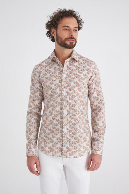 Erkek Kahve Slim Fit Uzun Kol Klasik Yaka Spor Gömlek - 3