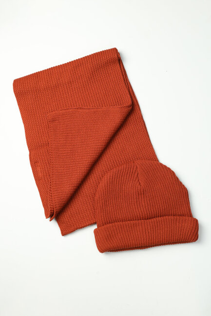 Erkek Kiremit Düz Bere Kaşkol Seti