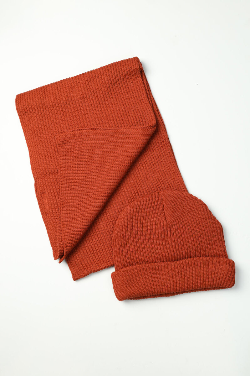 Erkek Kiremit Düz Bere Kaşkol Seti