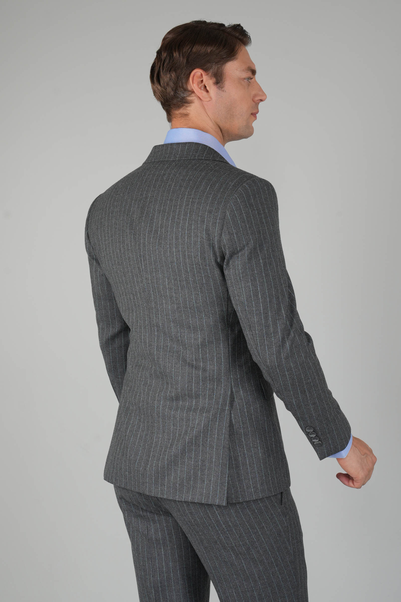 Erkek Kırlangıç Yaka 6 Drop Çizgili Gri Takım Elbise (1)